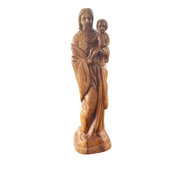 Hand Carved Olive Wood Madonna and Child Statue Religious Figurine Art - Picture 1 of 16